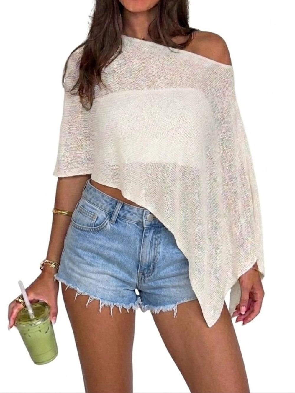 Women Sheer Poncho Top Lightweight Knit Asymmetrical Beach Swim Cover Up Going